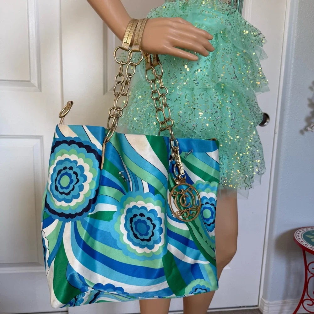 ππ©΅π Vintage G&P Juicy Couture large Gold bag charm tote bag purse blue green - Picture 5 of 15